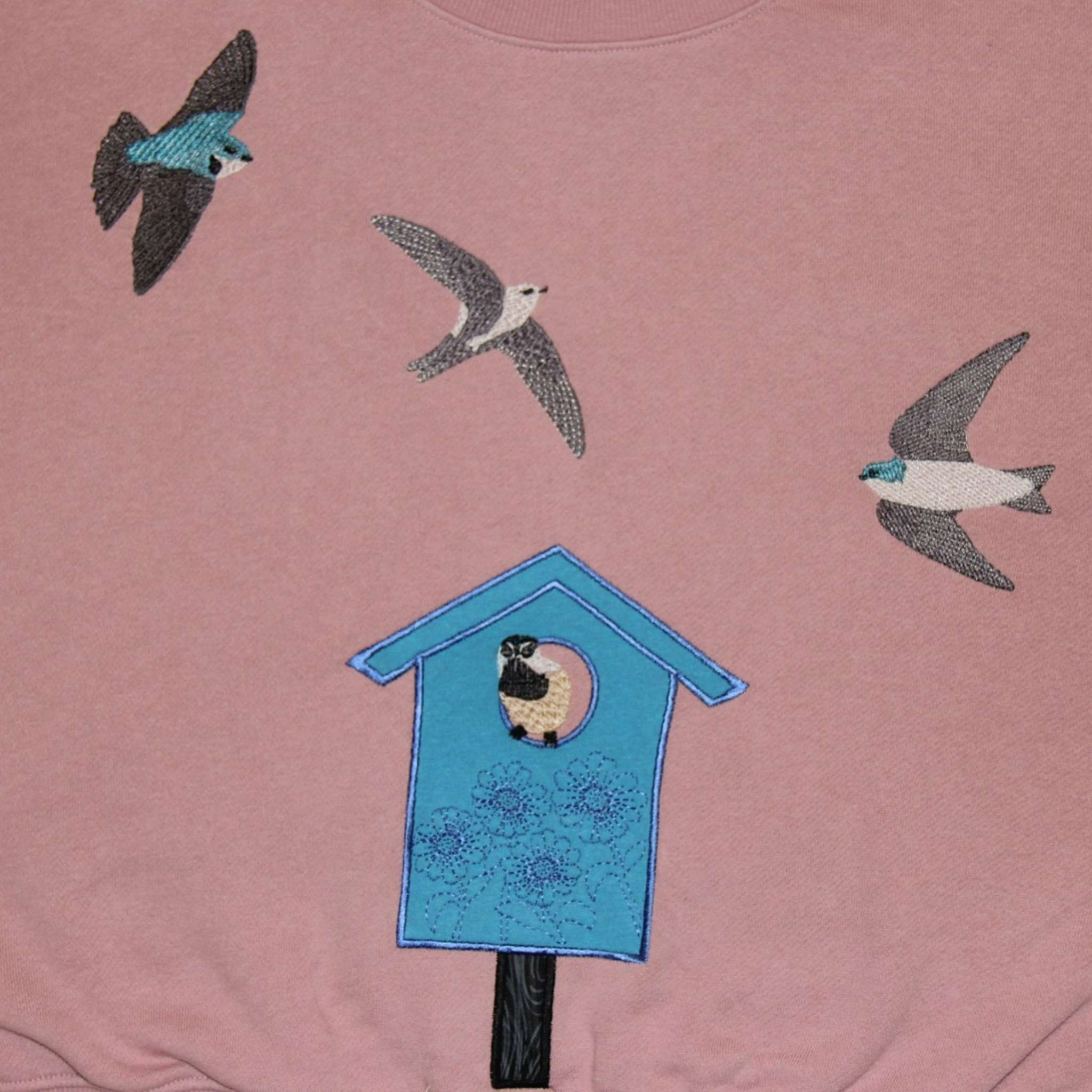 This sweatshirt features Tree Swallows and a White-throated swift hunting for insects and a Mountain Chickadee making it's home in a bird house.